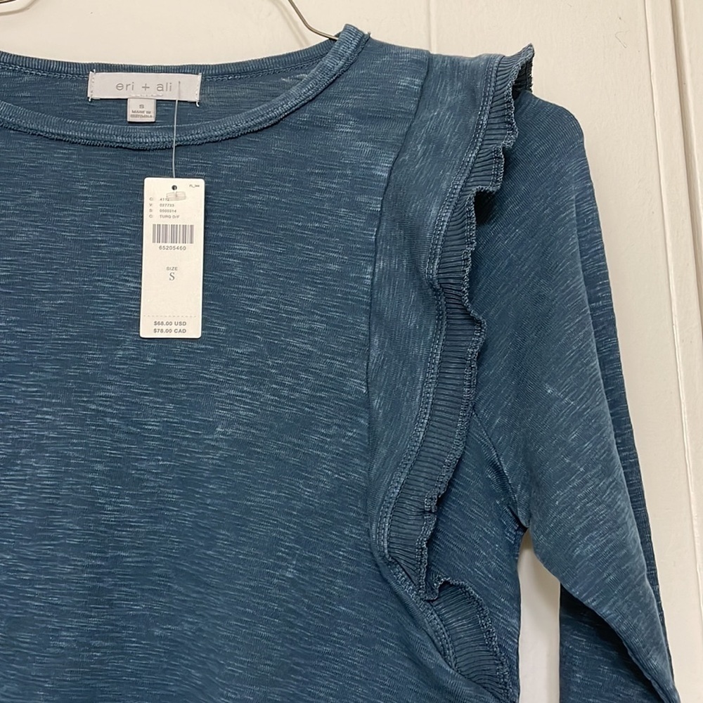 NWT Anthropologie Eri + Ali Priscilla Washed Ruffle-Sleeve Top Teal sz S cotton - Picture 5 of 8